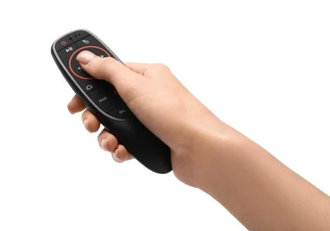 Female hand with gyroscopic remote controller on white background 库存照片