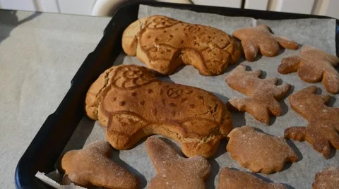 Female Hand Has Placed a Ram Shaped Cookie Angel-Shaped Cookies Baked Biscuits Stock Footage 59127671