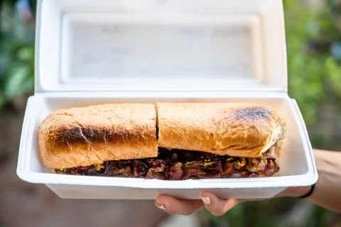A female hand holding a pastrami sandwich in a white take out container Stock Photos