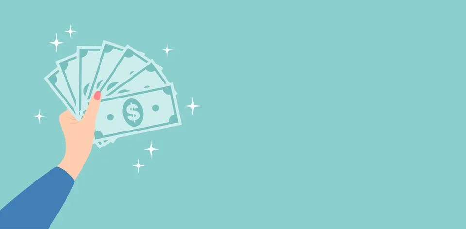 Female hand holding stack of dollar banknotes on a green background Illustrazione stock