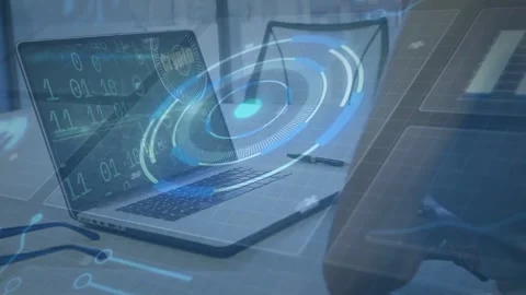 Female hand hovering, tapping tablet in tech demo, causing rotating HUD over Stock Footage 335282662