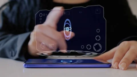 Female hand interacts hologram atom Stock Footage 151957339