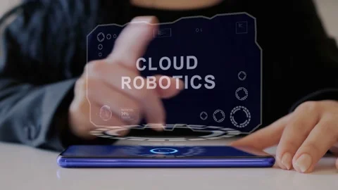 Female hand interacts hologram Cloud Robotics Stock Footage 148641978
