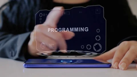Female hand interacts hologram Programming Stock Footage 149478328