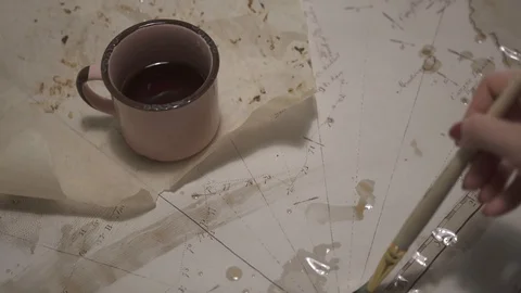 Female hand make aged map with paint brush and transparent watercolor, close-up Stock-Footage 94765219