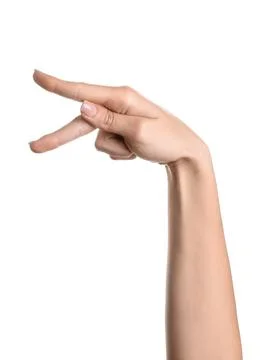 Female hand making scissors gesture cut or divide concept decision making and Stock Photos