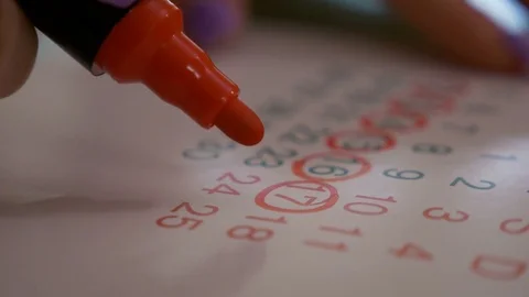 Female hand marking dates on calendar planning birth control Vidéo 79678039