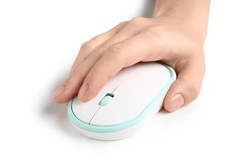 Female hand with modern wireless computer mouse on white background Stock Photos