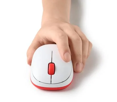 Female hand with modern wireless computer mouse on white background Stock Photos