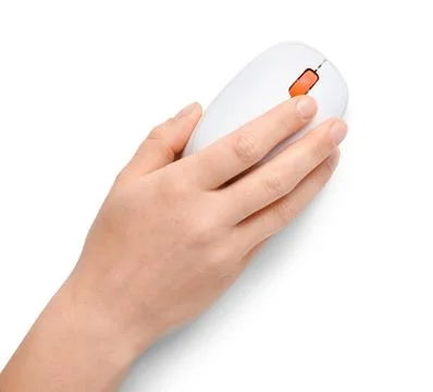 Female hand with modern wireless computer mouse on white background Stock Photos