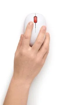 Female hand with modern wireless computer mouse on white background Stock Photos