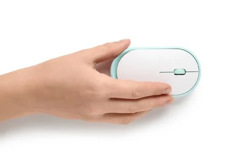 Female hand with modern wireless computer mouse on white background Stock Photos