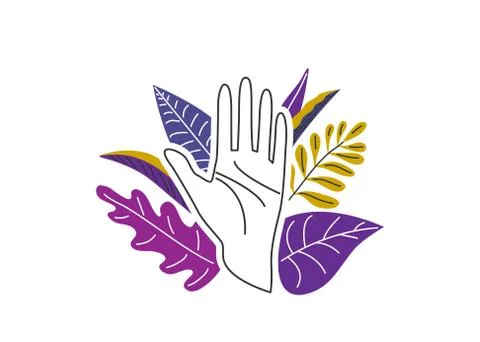 Female hand open in stop gesture surrounded by leaves, plants. Violence against Stock Illustration