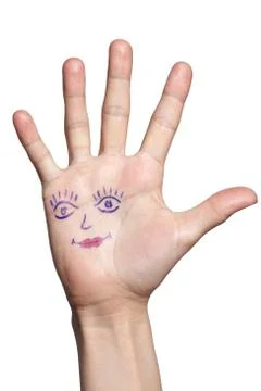 Female hand with painted eyes and lips, isolated Stock Photos