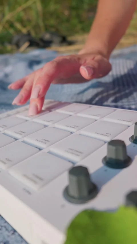 Female Hand Playing White Midi Drum Pad Controller Outdoors on Blanket Stock Footage 342772022