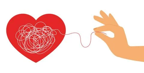 Female hand pulling a string from scribbled heart. Stock Illustration