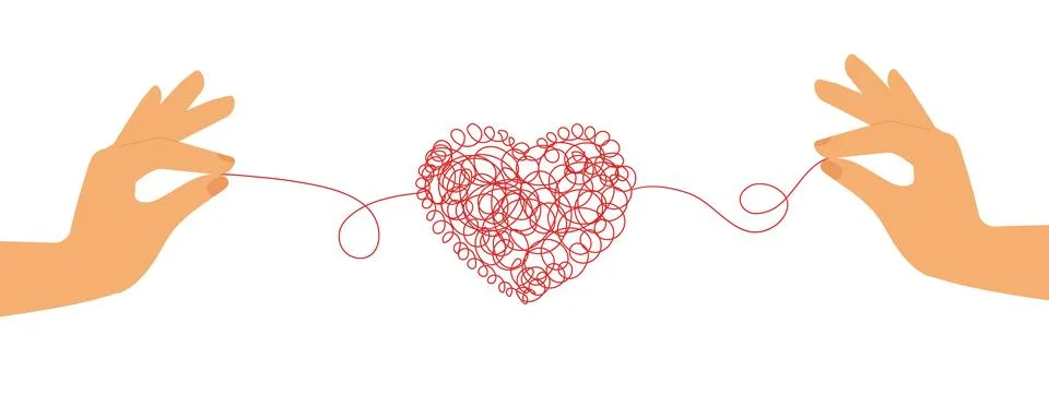 Female hand pulling a string from scribbled heart. Stock Illustration
