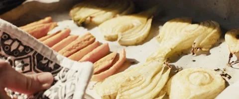 Female hand pulls vegetable plate cook at home kitchen oven close up Stock Footage 158616853