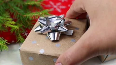 Female hand putting a present box under the Christmas fir tree during holidays Stock Footage 290867368