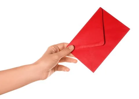 Female hand with red envelope isolated on white background. Valentine's Day c Stock Photos