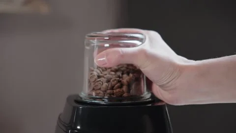 Female Hand Removing Coffee Grinder Container From Blender Base Vídeo Stock 330482014