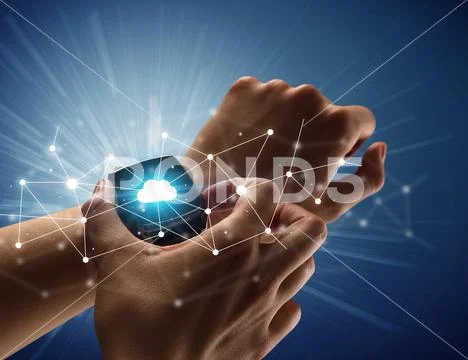 Female hand with smartwatch and cloudy icons Stock Photos