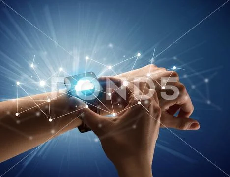 Female hand with smartwatch and cloudy icons Stock Photos