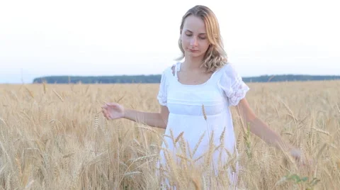 Female hand stroking the ears of wheat Stock Footage 65239191