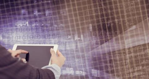 Female hand with tablet on binary code Stock Photos