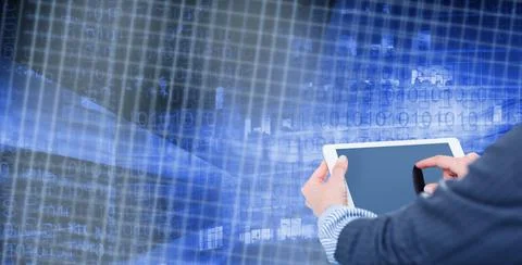 Female hand with tablet on binary code 库存照片