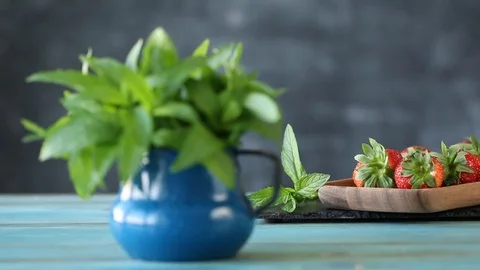Female hand taking fresh mint, healthy herb concept Stock Footage