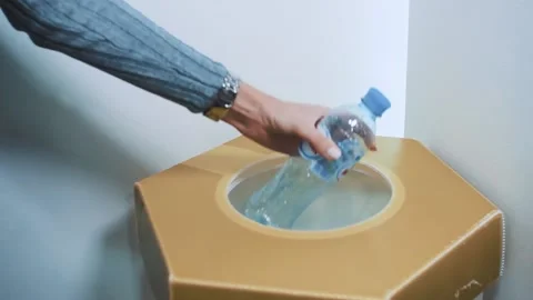 Female hand throws plastic bottle out of drinking water in specialized container Stock-Footage 99600223