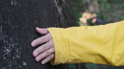 Female hand touches the rough surface of a rock while hiking. Vídeos de archivo 169865407