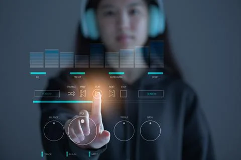 Female hand touching the button play user interface elements for music player Stock Photos