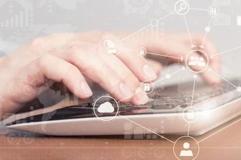 Female hand typing on laptop computer keyboard. Internet security concept Stock Photos
