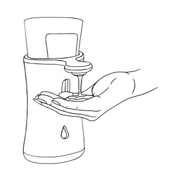 Female hand use modern automatic liquid soap dispenser close up. Hygiene prod Illustrazione stock