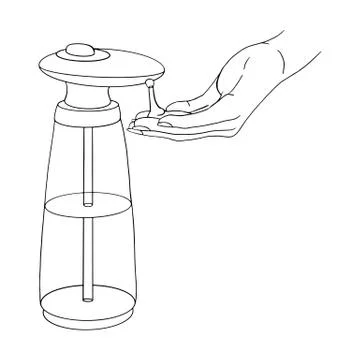 Female hand use modern automatic liquid soap dispenser close up. Hygiene product Illustrazione stock