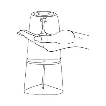 Female hand use modern automatic liquid soap dispenser close up. Hygiene prod Illustrazione stock