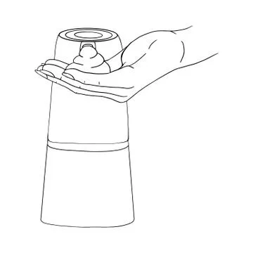 Female hand use modern automatic soap foam dispenser close up. Hygiene produc Illustrazione stock