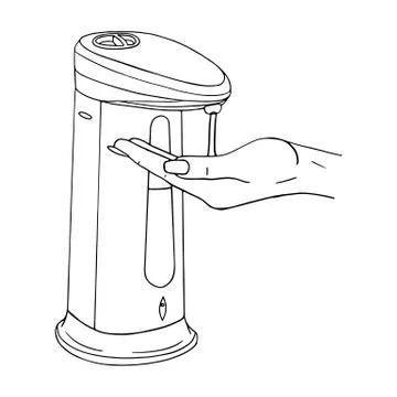 Female hand use modern automatic liquid soap dispenser close up. Hygiene prod Illustrazione stock