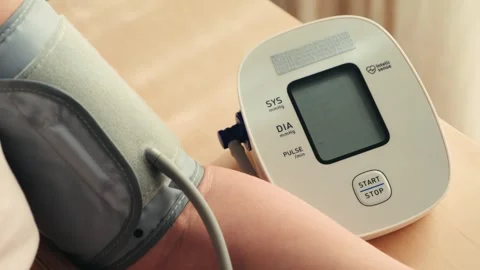 Female hand using automatic tonometer for blood pressure checking. Stock Footage 330074143