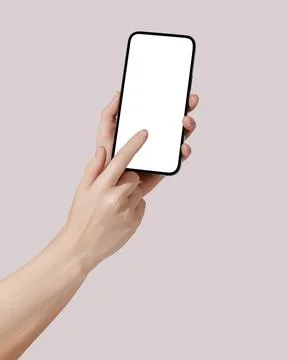 Female hand using blank touchscreen of smartphone. Mockup Stock Photos