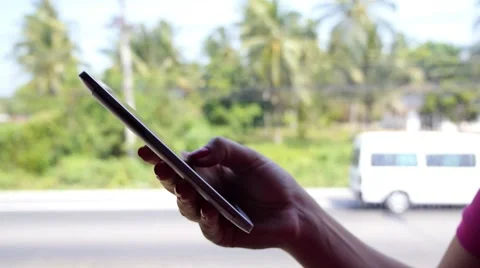 Female Hand Using Cellphone beside Bus Window. Slow Motion Stock Footage 49455885