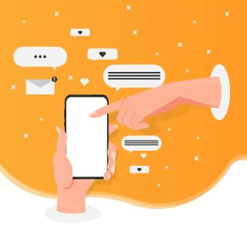 Female Hand Using Smartphone Browsing Internet On Yellow Background, Vector Stock Illustration