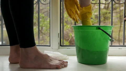 Female hand washes a window with a rag. House cleaning, restoring order. Trees Stock Footage 128768111