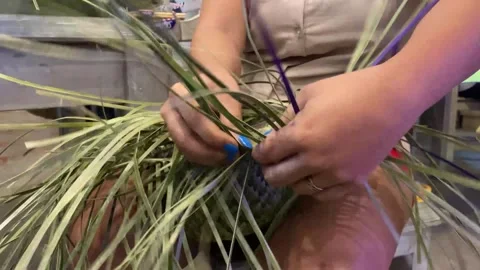 Female hand weaving skill using dried and dyed fragrant screwpine or vanilla  Vídeo Stock 290870686