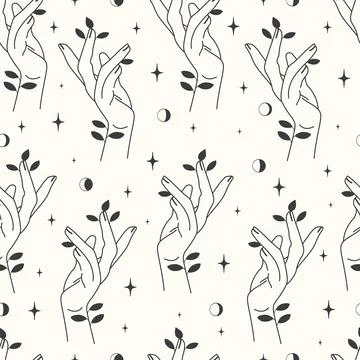 Female hands with botanical elements seamless pattern. With hand holding he.. 스톡 일러스트