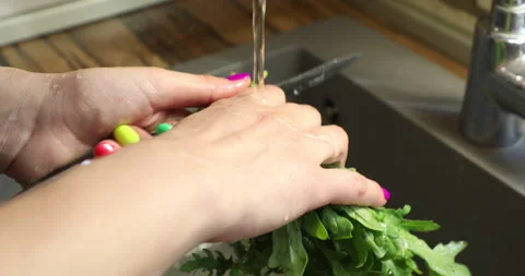 Female hands with bright multi-colored nails wash arugula Stock Footage 133833208