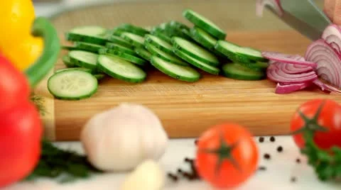 Female hands chopping Red onion Stock Footage