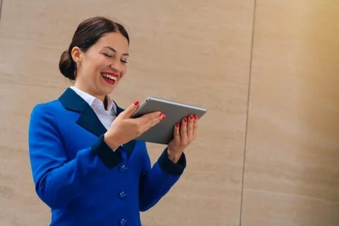 In female hands close-up digital computer tablet. Video conferencing concept, Stock Photos